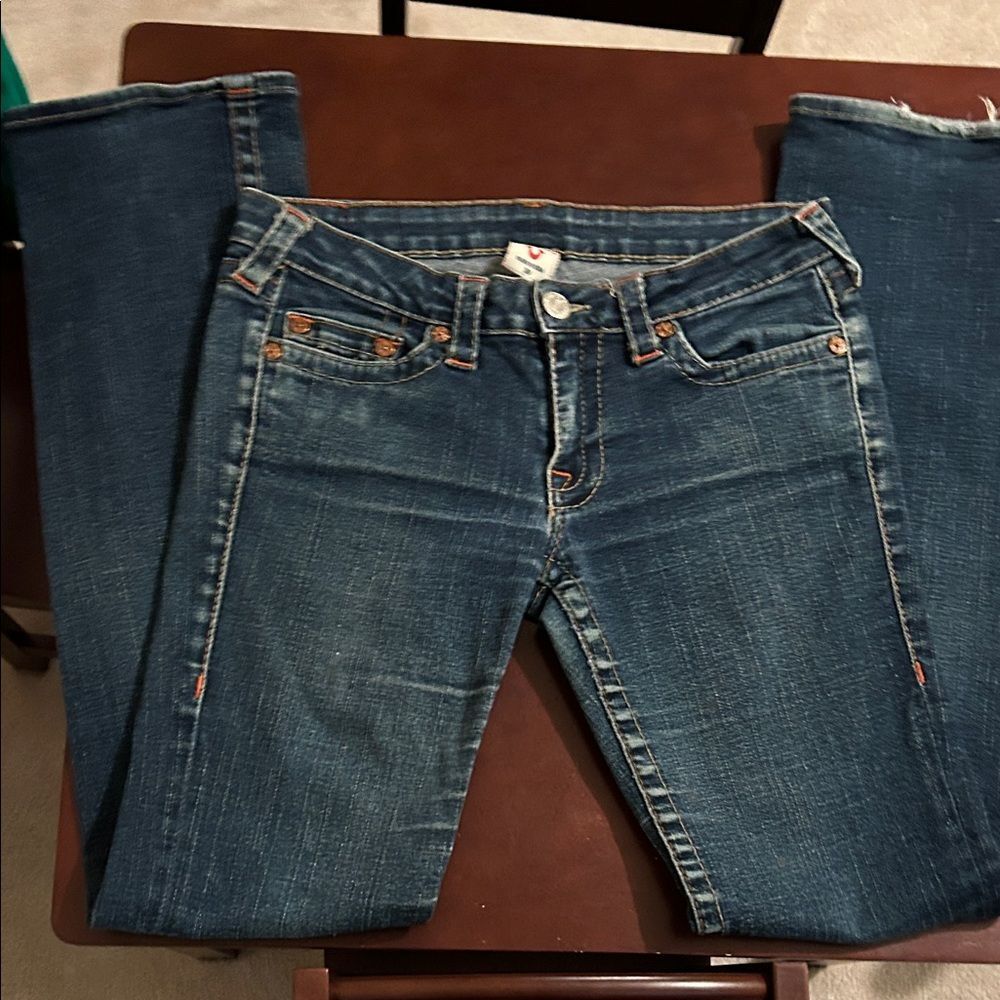 True Religion Woman's Classic Bootcut Denim Blue Jeans Size 30 Frayed Cuff